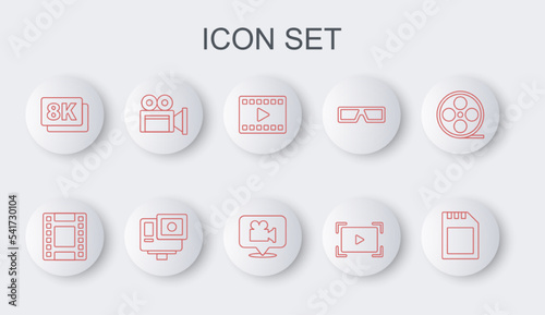 Set line SD card, Play Video, Online play video, 8k Ultra HD, Cinema camera, Action extreme and Camera and location icon. Vector