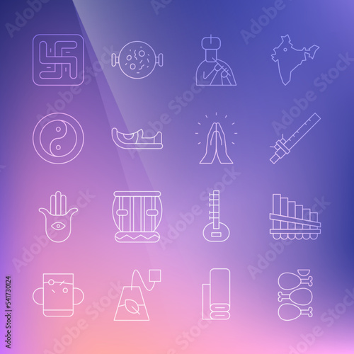 Set line Tandoori chicken, Pan flute, Bamboo indian, Indian man plays, shoes, Yin Yang, Hindu swastika and Hands praying position icon. Vector