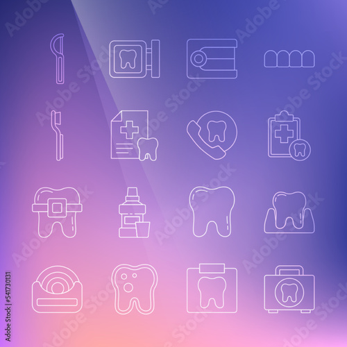 Set line First aid kit  Tooth  Dental card  Dentures model  Toothbrush  floss and Online dental care icon. Vector
