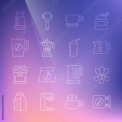 Set line Street signboard coffee, Coffee bean, branch, pot, cup, moca, Aeropress and Milkshake icon. Vector