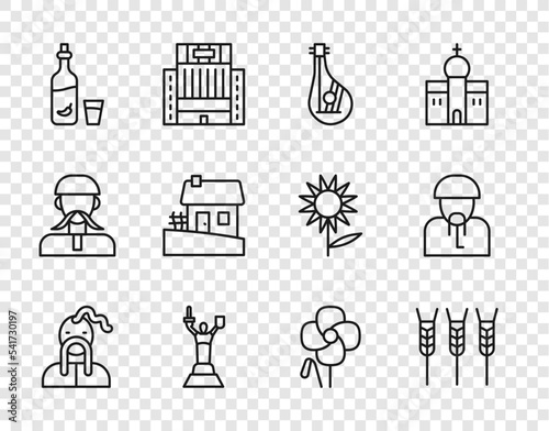 Set line Ukrainian cossack, Wheat, Bandura, Mother Motherland monument, Vodka with pepper glass, house, Poppy flower and icon. Vector