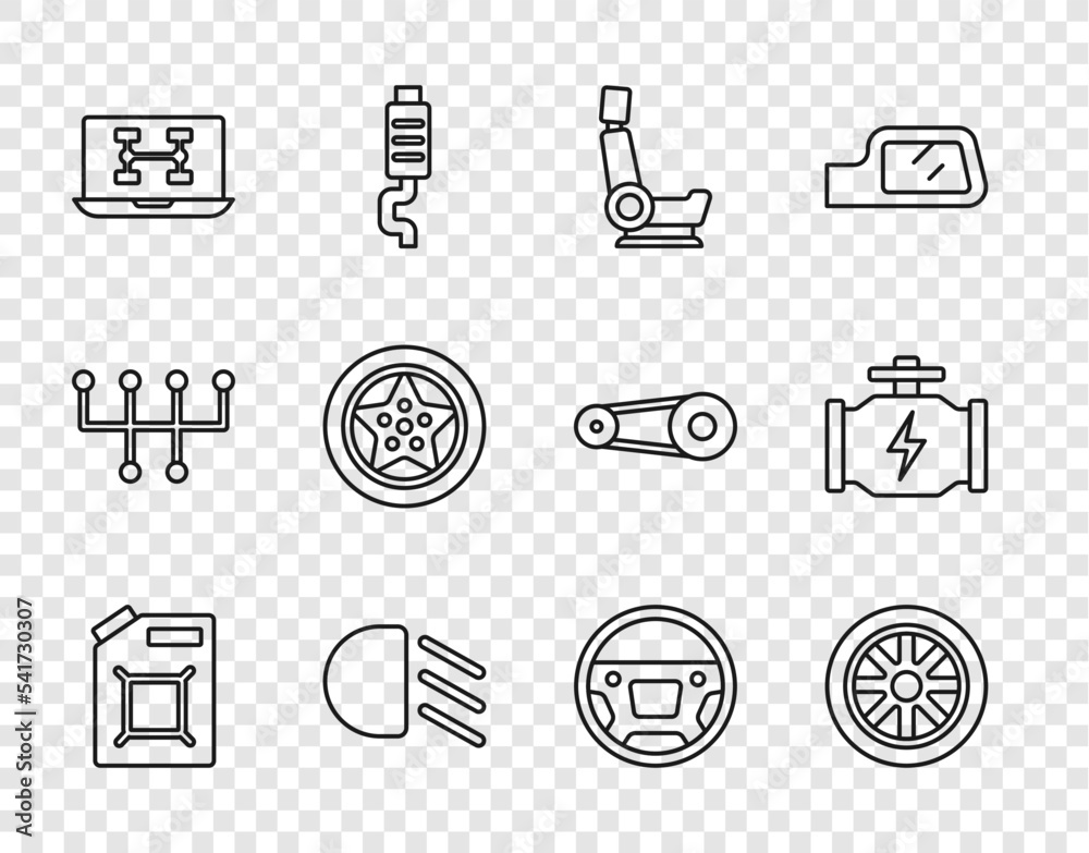 Set line Canister for gasoline, Car wheel, seat, High beam, Diagnostics condition of car, Steering and Check engine icon. Vector Set line Canister for gasoline, Car wheel, seat, High beam, Diagnostics condition of car, Steering and Check engine icon. Vector