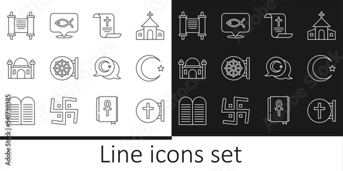 Set line Christian cross, Star and crescent, Decree, paper, parchment, scroll, Dharma wheel, Muslim Mosque, and fish icon. Vector