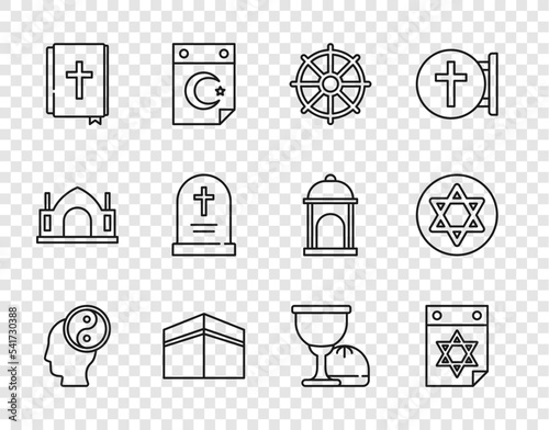 Set line Yin Yang, Jewish calendar, Dharma wheel, Kaaba mosque, Holy bible book, Tombstone with cross, grail or chalice and Star of David icon. Vector