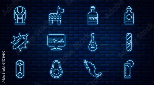 Set line Tequila glass with lemon, Cigar, bottle, Hola, Hot chili pepper pod, Mexican wrestler, guitar and Pinata icon. Vector
