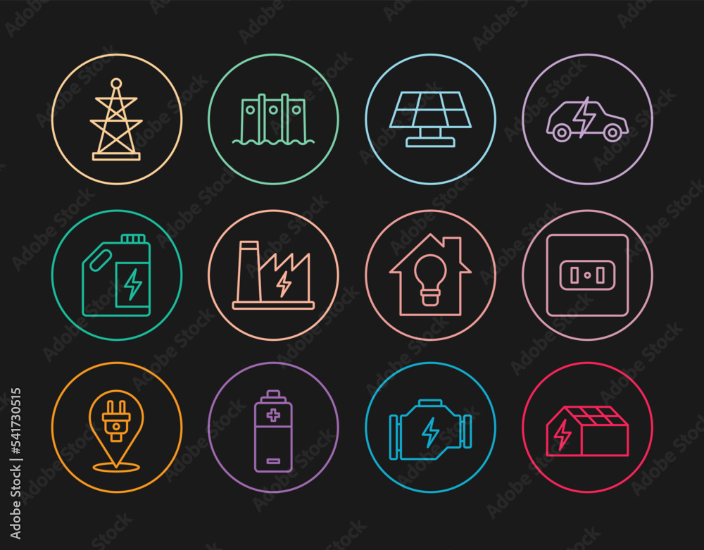 Set line Solar energy panel, Electrical outlet, Nuclear power plant, Eco fuel canister, tower, Smart house and light bulb and Hydroelectric dam icon. Vector