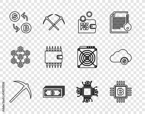 Set line Pickaxe, CPU mining farm, Proof of stake, Cryptocurrency bitcoin, exchange, wallet, Processor and cloud icon. Vector