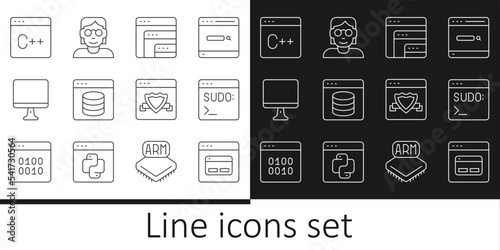 Set line Search engine, Code terminal, Software, Server, Data, Web Hosting, Computer monitor screen, Browser with shield and Hacker coder icon. Vector