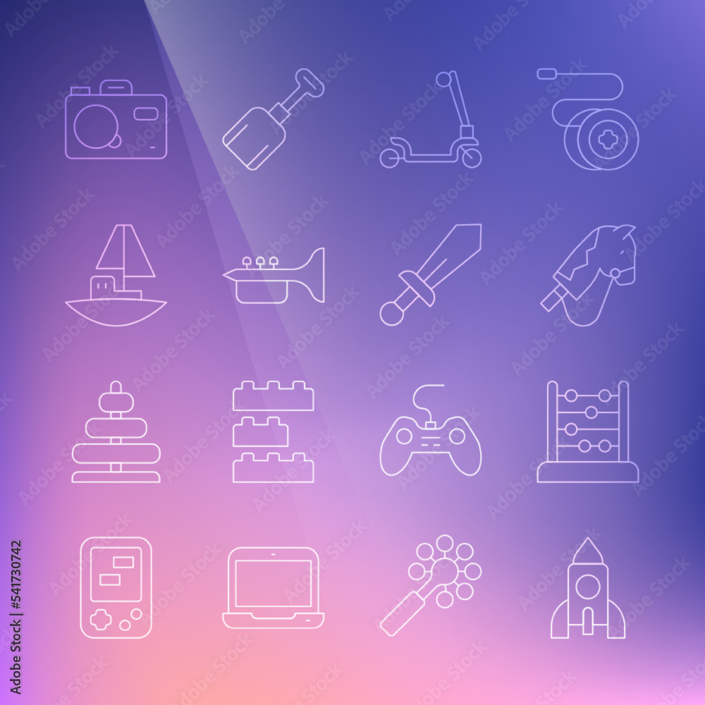 Set line Rocket ship toy, Abacus, Toy horse, Roller scooter, Trumpet, boat, Photo camera and Sword icon. Vector Set line Rocket ship toy, Abacus, Toy horse, Roller scooter, Trumpet, boat, Photo camera and Sword icon. Vector