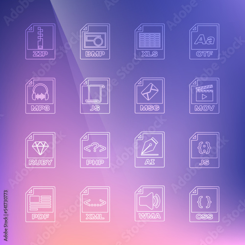 Set line CSS file document, JS, MOV, XLS, MP3, ZIP and MSG icon. Vector