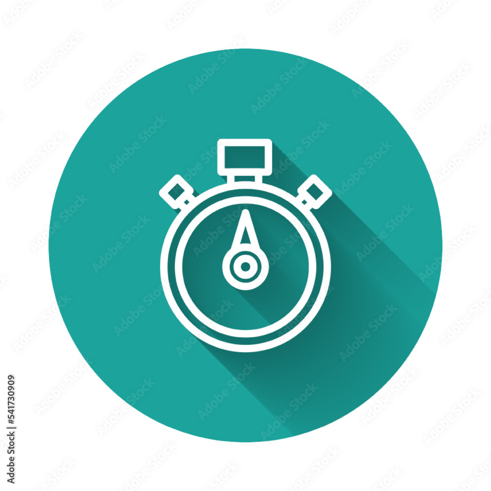 White line Stopwatch icon isolated with long shadow. Time timer sign. Chronometer sign. Green circle button. Vector White line Stopwatch icon isolated with long shadow. Time timer sign. Chronometer sign. Green circle button. Vector