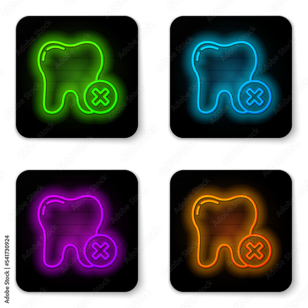 Glowing neon line Tooth with caries icon isolated on white background. Tooth decay. Black square button. Vector Glowing neon line Tooth with caries icon isolated on white background. Tooth decay. Black square button. Vector