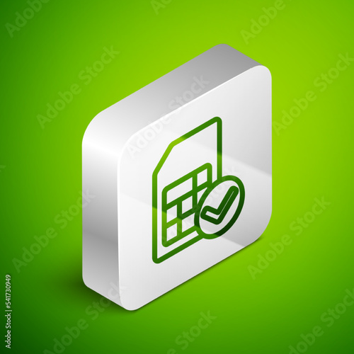 Isometric line Sim card icon isolated on green background. Mobile cellular phone sim card chip. Mobile telecommunications technology symbol. Silver square button. Vector