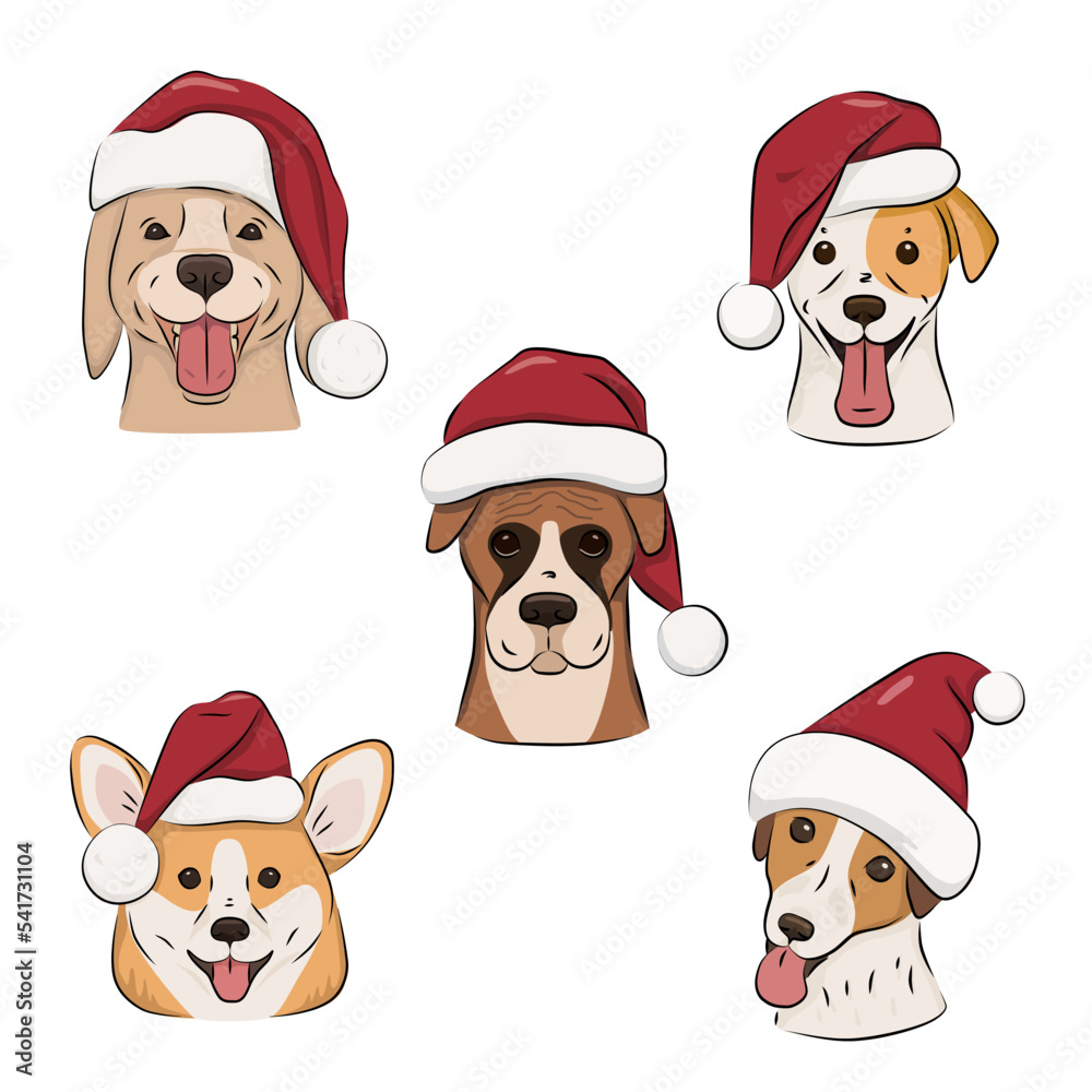 Set with cute dogs in red Santa hat. Funny Christmas greetings