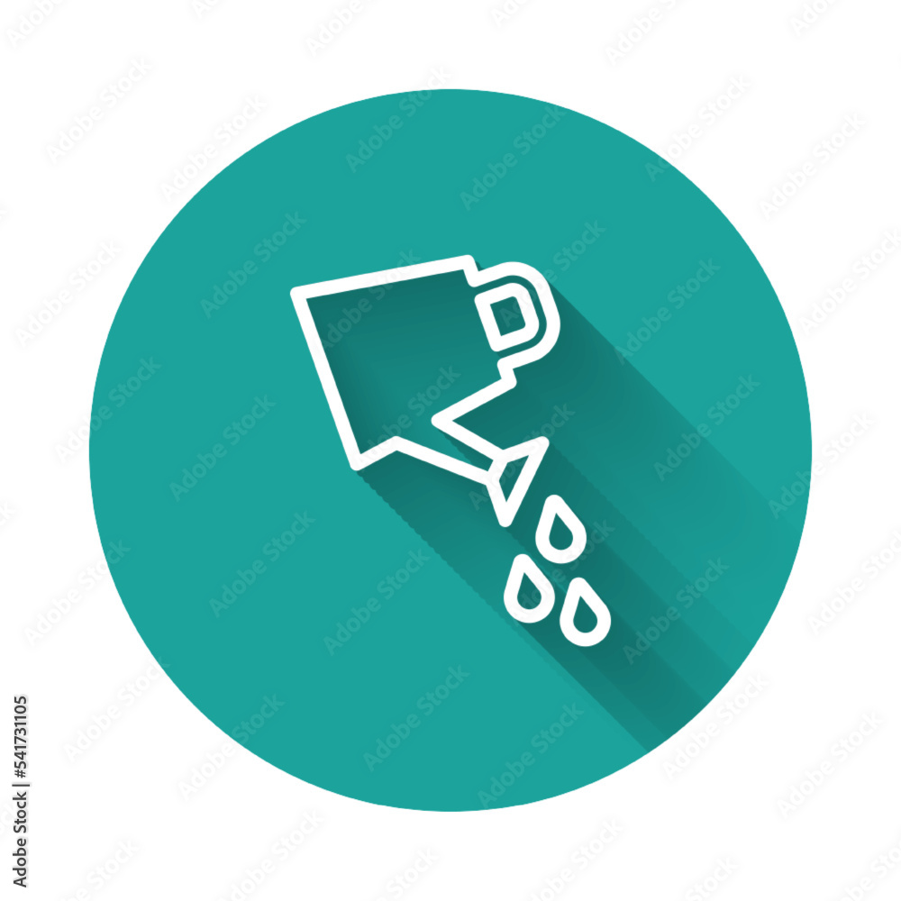 White line Watering can icon isolated with long shadow background. Irrigation symbol. Green circle button. Vector White line Watering can icon isolated with long shadow background. Irrigation symbol. Green circle button. Vector