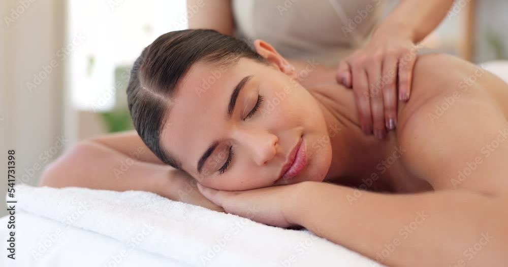 Relax, spa massage and woman wellness, beauty and luxury resort with hand of masseuse for back massage. Happy, peace and zen body treatment in Thailand for beauty, skincare and healthy pamper session
