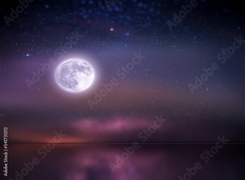  night starry sky and moon at sea lilac blue nebula cosmic milky way Aurora seascape