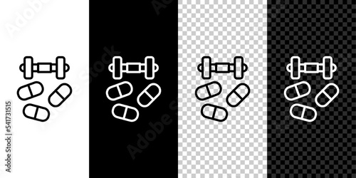 Set line Sports doping, anabolic drugs with dumbbell icon isolated on black and white, transparent background. Anabolic steroids tablet. Pills in jar. Vector