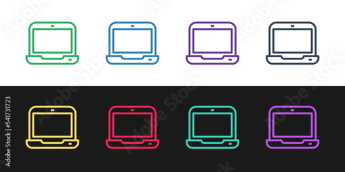 Set line Laptop icon isolated on black and white background. Computer notebook with empty screen sign. Vector