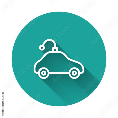 White line Radio controlled car toy icon isolated with long shadow background. Control remote car toy. Green circle button. Vector