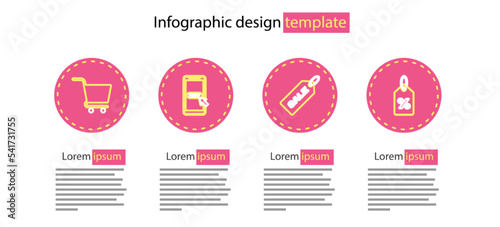 Set line Price tag with Sale, Discount percent, Mobile and shopping cart and Shopping icon. Vector