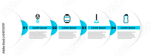 Set line Sport bottle with water, Rubber plunger, Propane gas tank and Industrial hook icon. Vector