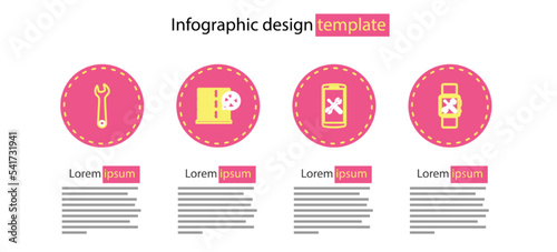 Set line Smartphone service, Smartwatch, Database server and Wrench icon. Vector