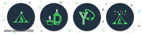 Set line Thermos container, Slingshot, Tourist tent with flag and icon. Vector