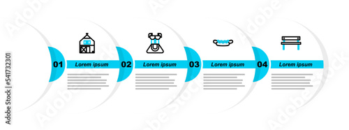 Set line Bench, Hotdog sandwich, Costume for women dirndl and Farm House icon. Vector