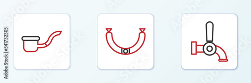 Set line Beer tap, Smoking pipe and Sausage icon. Vector