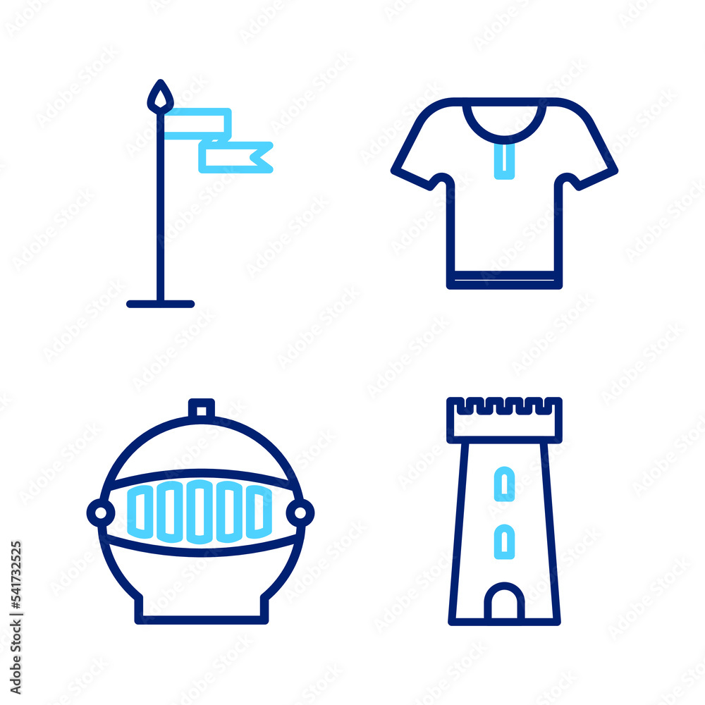 Set line Castle tower, Medieval iron helmet, Body armor and flag icon. Vector Set line Castle tower, Medieval iron helmet, Body armor and flag icon. Vector