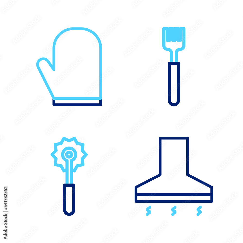 Set line Kitchen extractor fan, Pizza knife, Fork and Oven glove icon. Vector Set line Kitchen extractor fan, Pizza knife, Fork and Oven glove icon. Vector