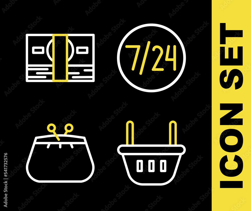 Set line Clock 24 hours, Shopping basket, Wallet and Stacks paper money cash icon. Vector