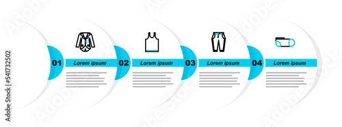 Set line Sport socks, Pants, Sleeveless T-shirt and Blazer jacket icon. Vector