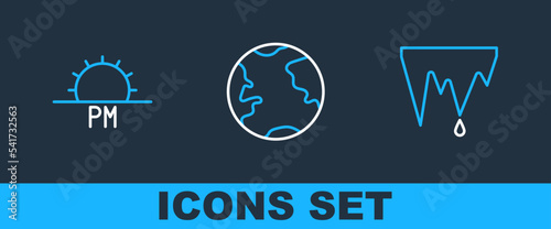 Set line Icicle, Sunset and Earth globe icon. Vector