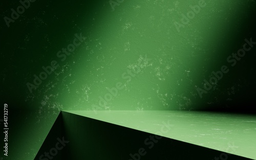 Minimal cosmetic background for product presentation. Sunshade shadow on green plaster wall. 3d render illustration.