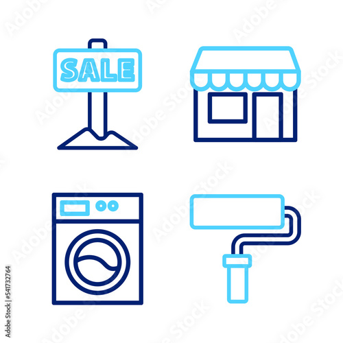 Set line Paint roller brush, Washer, Market store and Hanging sign with Sale icon. Vector