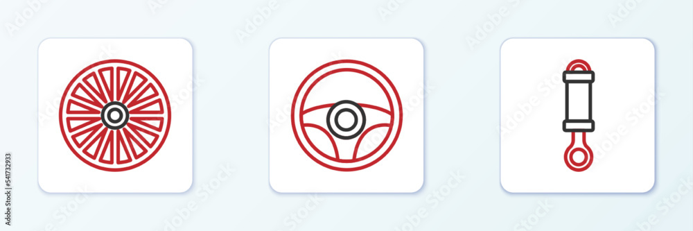 Set line Shock absorber, Alloy wheel and Steering icon. Vector Set line Shock absorber, Alloy wheel and Steering icon. Vector