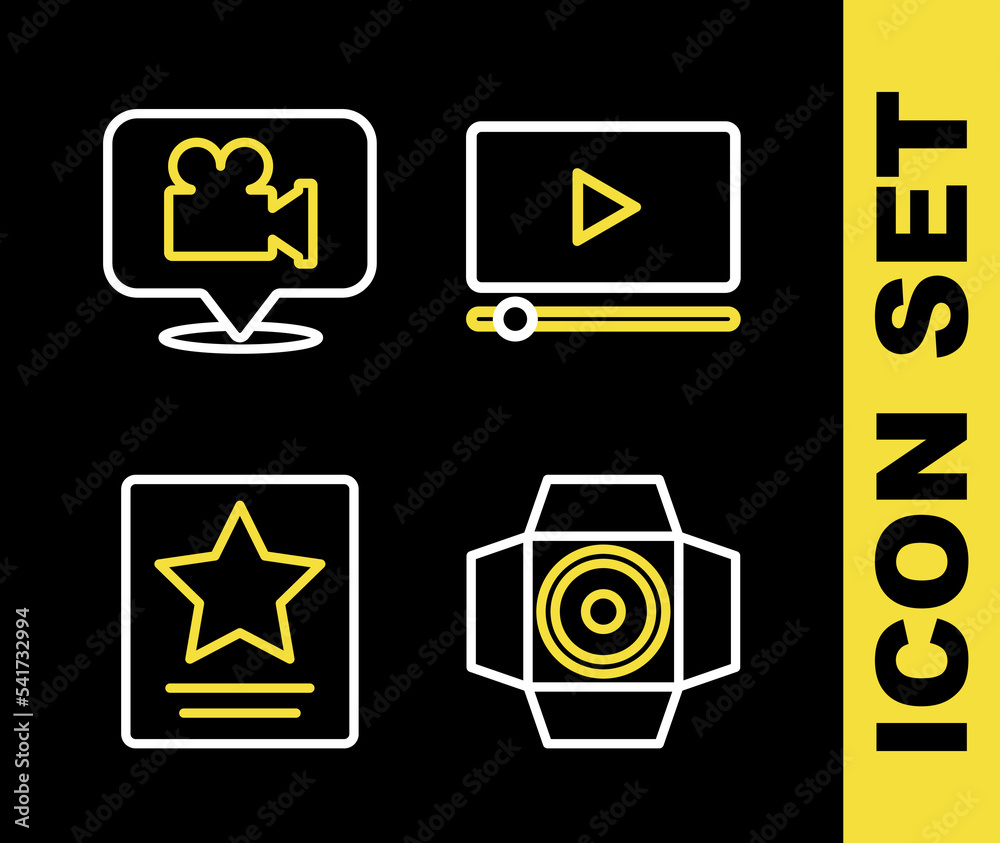 Set line Online play video, Movie spotlight, Hollywood walk of fame star and Camera and location icon. Vector