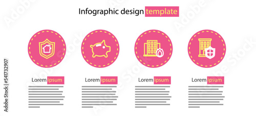 Set line Fire in burning house, House with shield, Piggy bank and icon. Vector