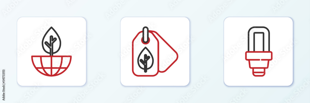 Set line LED light bulb, Earth globe and plant and Tag with leaf icon. Vector