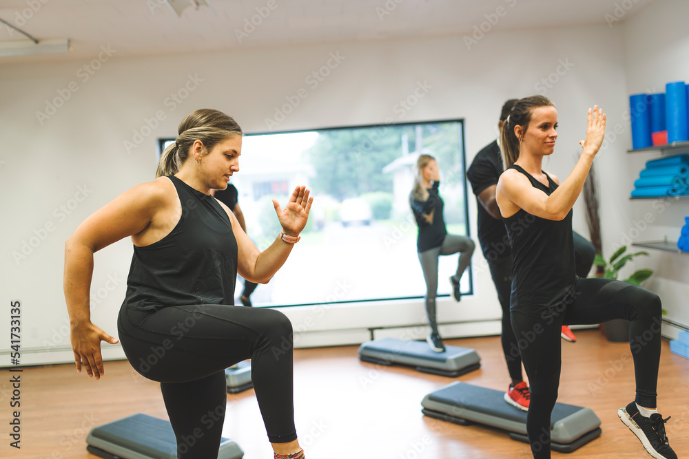 Diverse group of fit people in sportswear doing stretching and fitness exercise together on a the floor of a gym during an exercise session Diverse group of fit people in sportswear doing stretching and fitness exercise together on a the floor of a gym during an exercise session