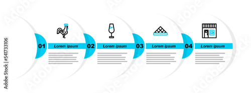 Set line Coffee shop, Louvre museum, Wine glass and French rooster icon. Vector