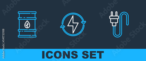 Set line Electric plug, Bio fuel barrel and Lightning bolt icon. Vector