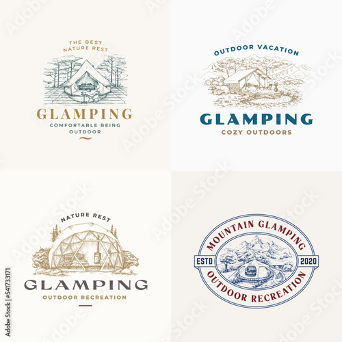 Glamping Recreation Retro Logo Templates Set. Hand Drawn Comfortable Outdoor Tent Landscape Scenery with Typography. Nature Rest Sketch Emblems Collection Isolated