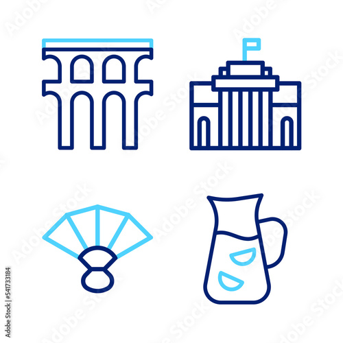 Set line Sangria, Fan flamenco, Prado museum and Aqueduct of Segovia icon. Vector
