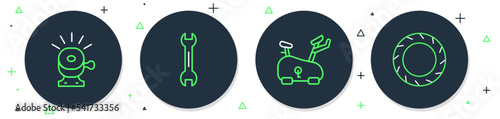 Set line Wrench spanner, Stationary bicycle, Bicycle bell and wheel tire icon. Vector