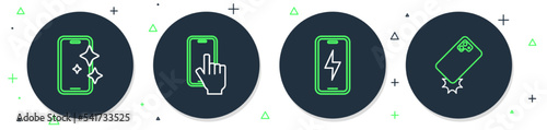 Set line Phone repair service, Mobile charging battery, Glass screen protector and Shockproof phone icon. Vector