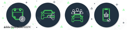 Set line Car sharing, Financial calendar and Flight mode the mobile icon. Vector