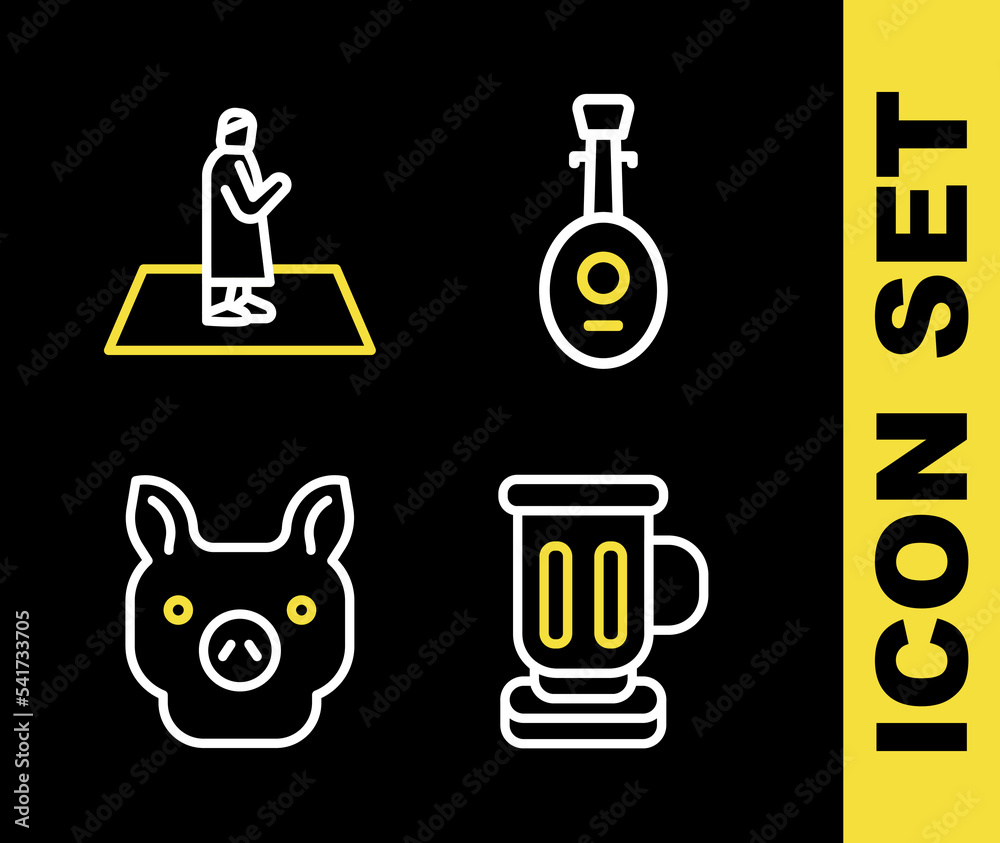 Set line Lute, Medieval goblet, Pig and Muslim man prays icon. Vector Set line Lute, Medieval goblet, Pig and Muslim man prays icon. Vector